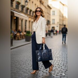 Tory Burch Navy Blue Tote Bag with Floral Lining – EUC